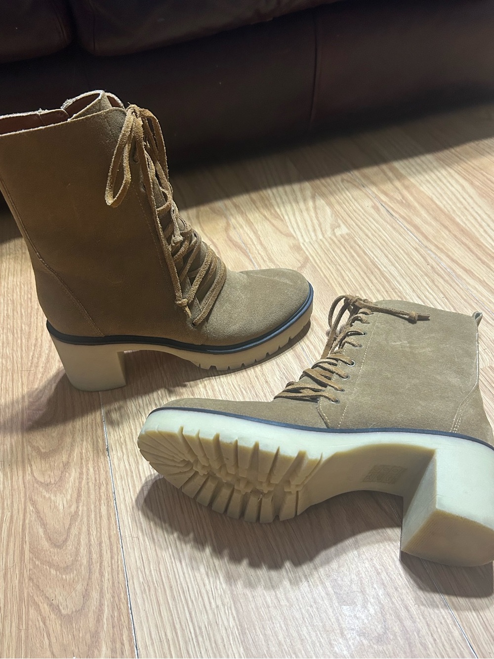 Mi.im Tan Suede Lace-Up Chunky Heel Ankle Boots
